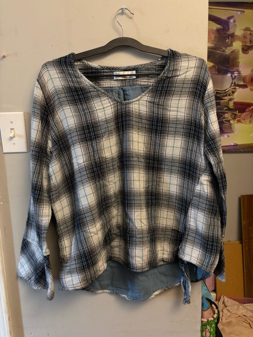 Time and Tru Black and Blue Plaid-Trim Top
